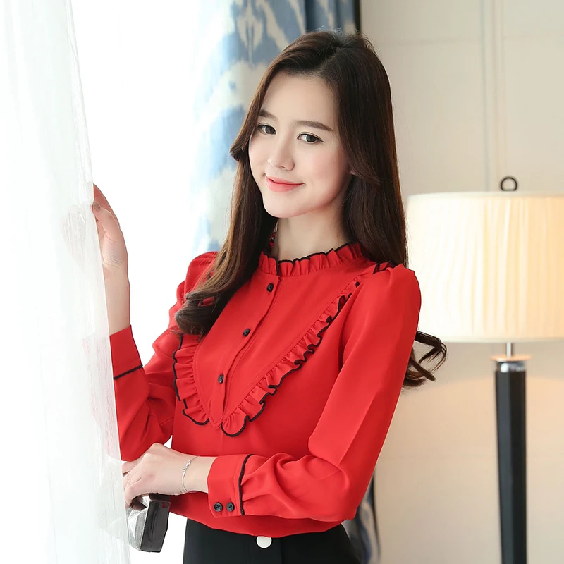 2019 модная грибковая стойка женская воротник с длинными белая шифоновая блузка