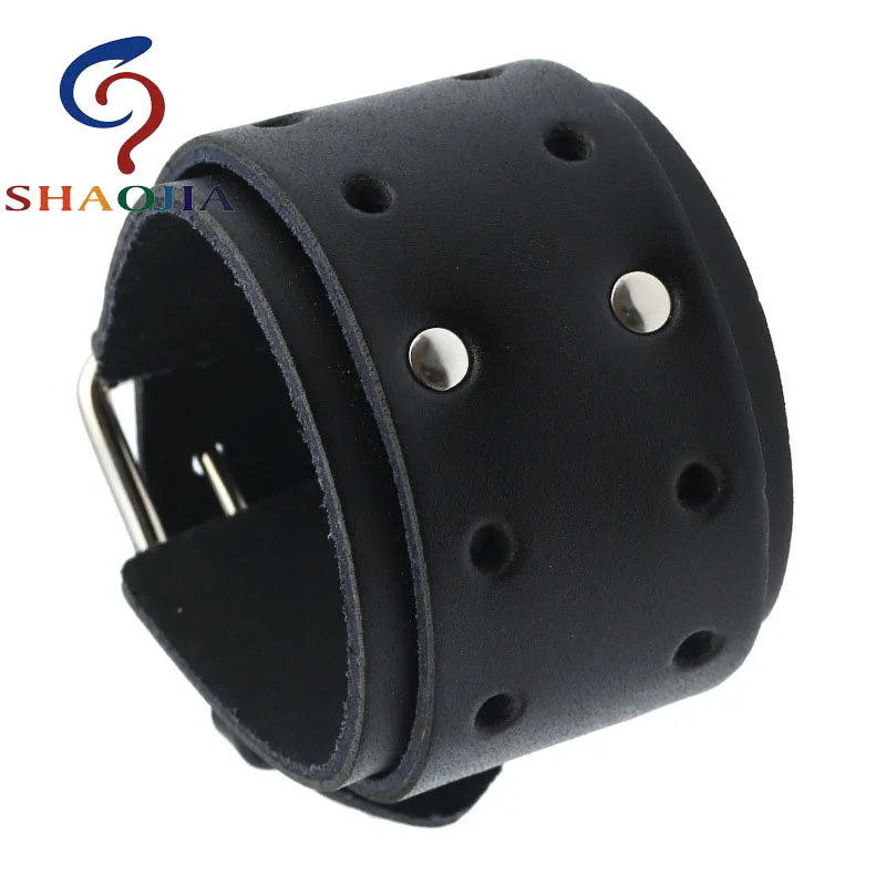 Широкий кожаный браслет SHAOJIA в стиле унисекс регулируемый панк из нержавеющей