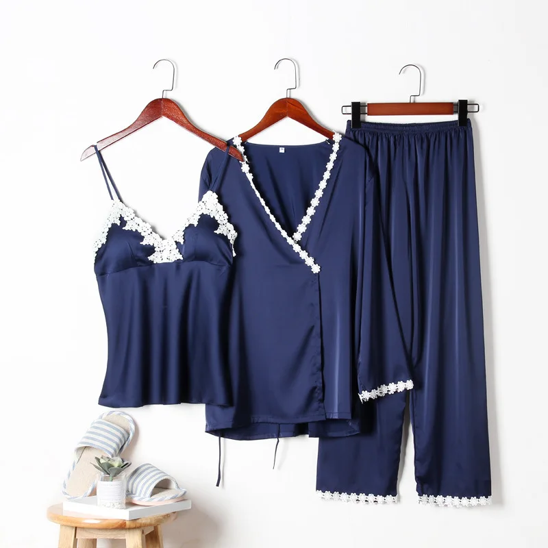 Сексуальные пижамы для женщин элегантные 3 шт женские кружевные пятна шелковая