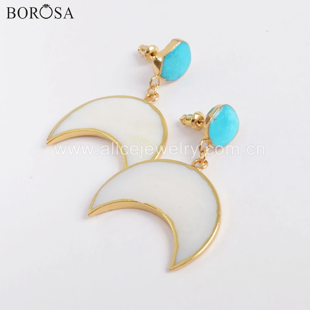 Женские серьги сережки BOROSA в виде полумесяца из натуральной бирюза золотистого