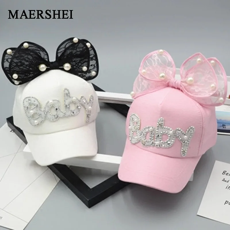 

MAERSHEI Cute Big Bow Girls Snapback Baseball Cap children Mesh cap Spring Summer Adjustable Snapback Casquette Kids Baby pearl