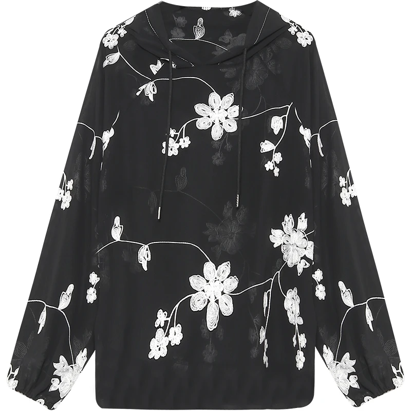 

floral embroidery women blouse and shirts hooded loose lantern sleeved plus size lady shirt outwear coat tops