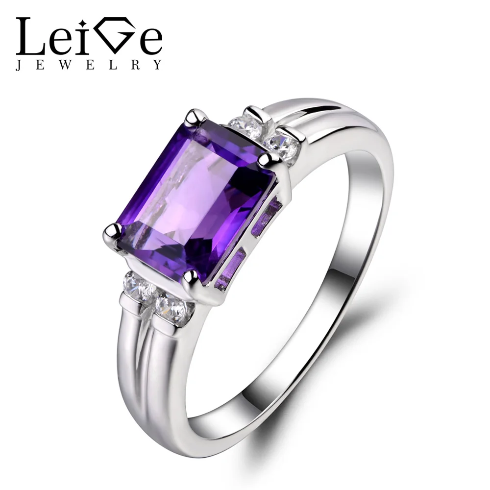 

Leige Jewelry Natural Amethyst Ring Emerald Cut Engagement Rings For Woman Sterling Sliver 925 Fine Jewelry February Birthstone