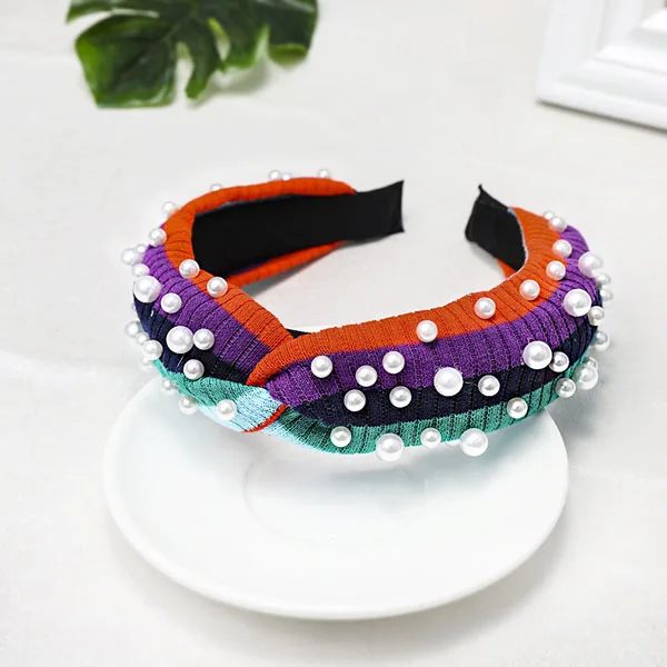 Фиолетовый Винтажная цветная полосатая шерстяная завязанная повязка на волосы с жемчужным узлом повязка на голову аксессуары для волос ювелирные изделия для волос - Цвет: Фиолетовый