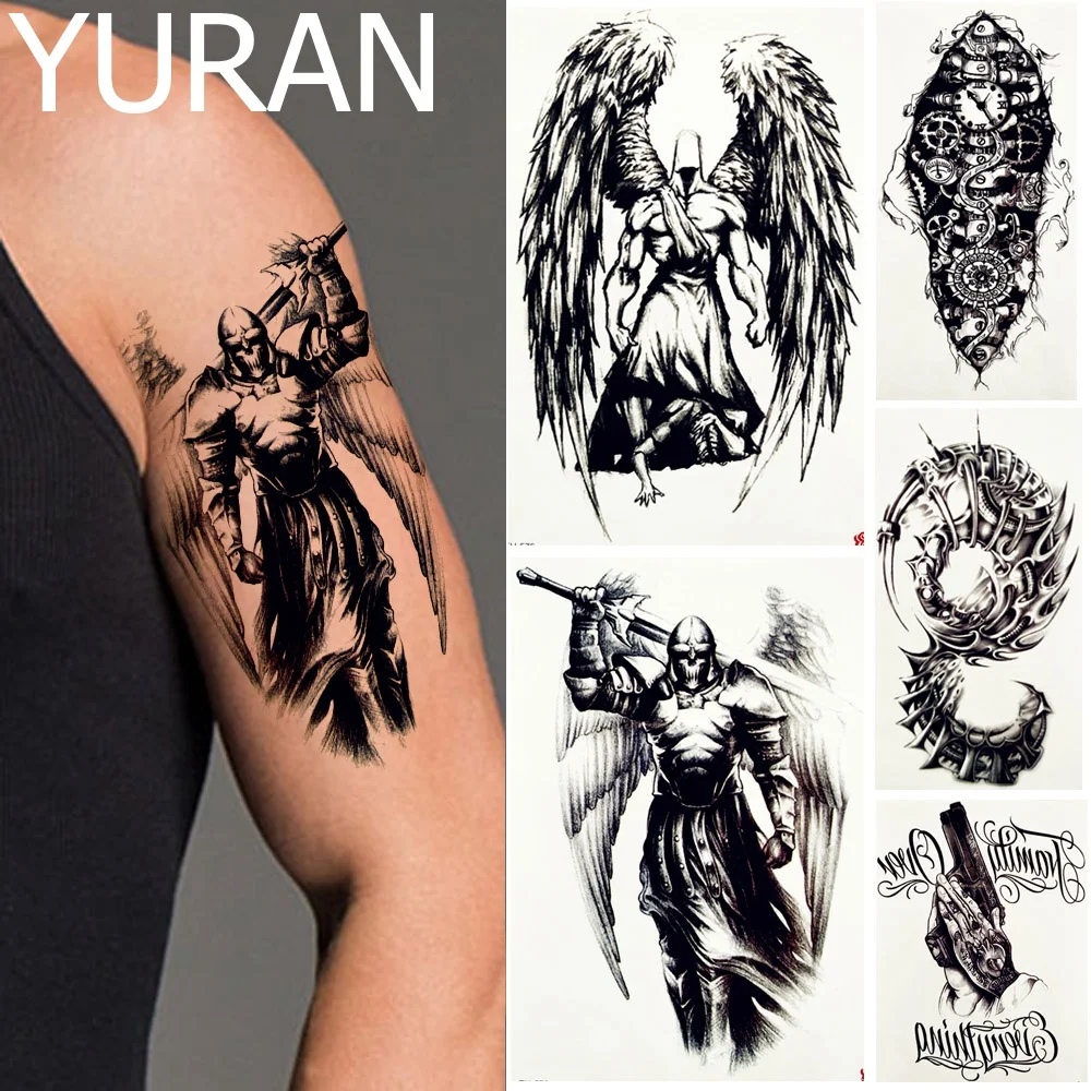 

YURAN Men Fashoin Art Tattoo Temporary Black Knight Body Arm Big Tattoos Stickers Women Indians Totem Tatoos Fake Warrior Paste