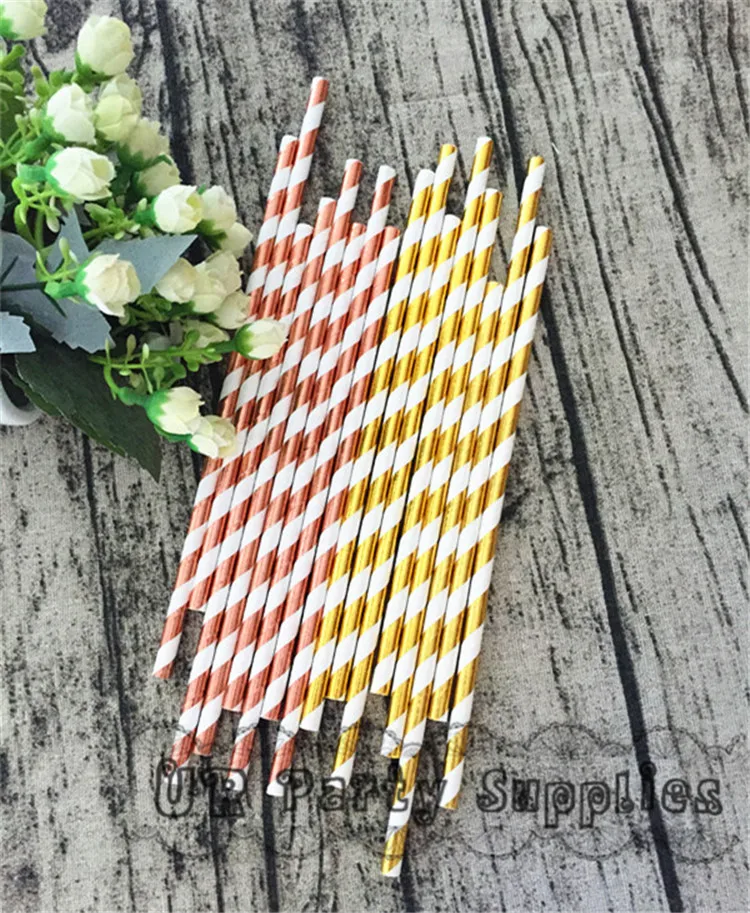 1000 шт./лот розовое золото фольга бумага соломинки в полоску питьевая оптом