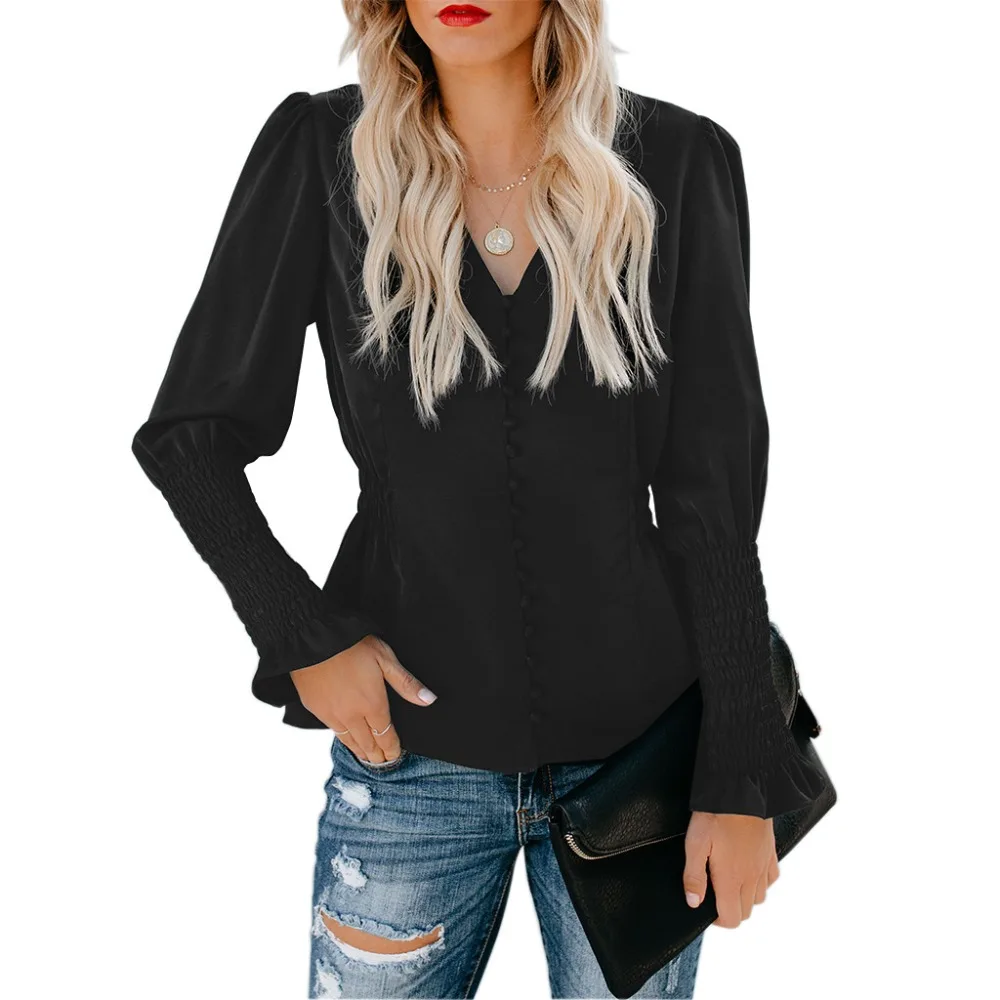 Modecrush Винтаж Дамы белая блузка гофрированные расширяющиеся книзу рукавом