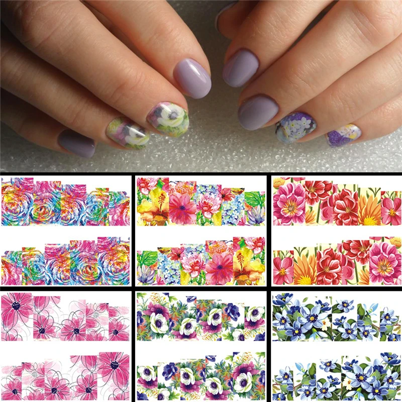 6 видов конструкций в 1 Шикарный цветок ail Art Полное Обертывание ногтей Фольга дизайн ногтей наклейки Переводные картинки Водные Переводные советы