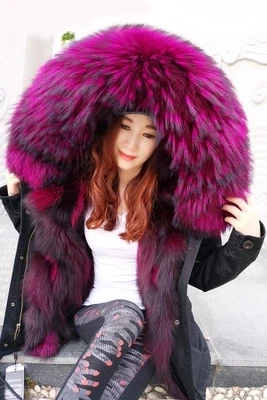 black purple fox fur Зимняя женская куртка, армейская зеленая парка, пальто, настоящий большой воротник из меха енота, подкладка из лисьего меха, верхняя одежда с капюшоном, DHL EMS - Цвет: black purple fox fur