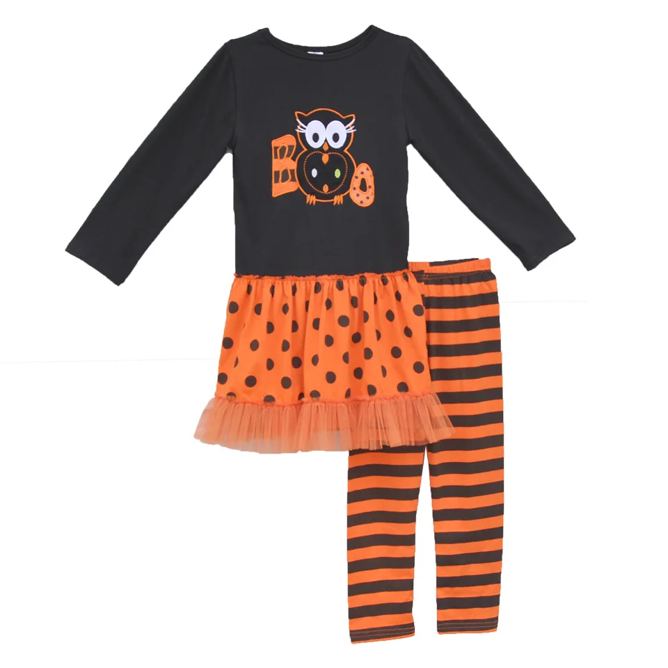 Hot Sale Girls Black Owl Decoration Splicing Dot Lace Long Sleeve Tops Fashion Kids Trousers Children Clothes H011 |