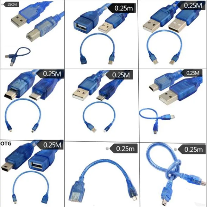 USB2.0 Прозрачный синий кабель для передачи данных mini 5P micro AM AF BM печать Расширенная