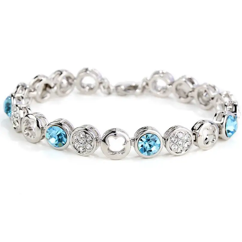 S011 S Blue LYIYUNQ классические круглые Цветочные браслеты для женщин, модный хрустальный браслет, трендовые Стразы для девочек, белые свадебные украшения - Окраска металла: S011 S Blue