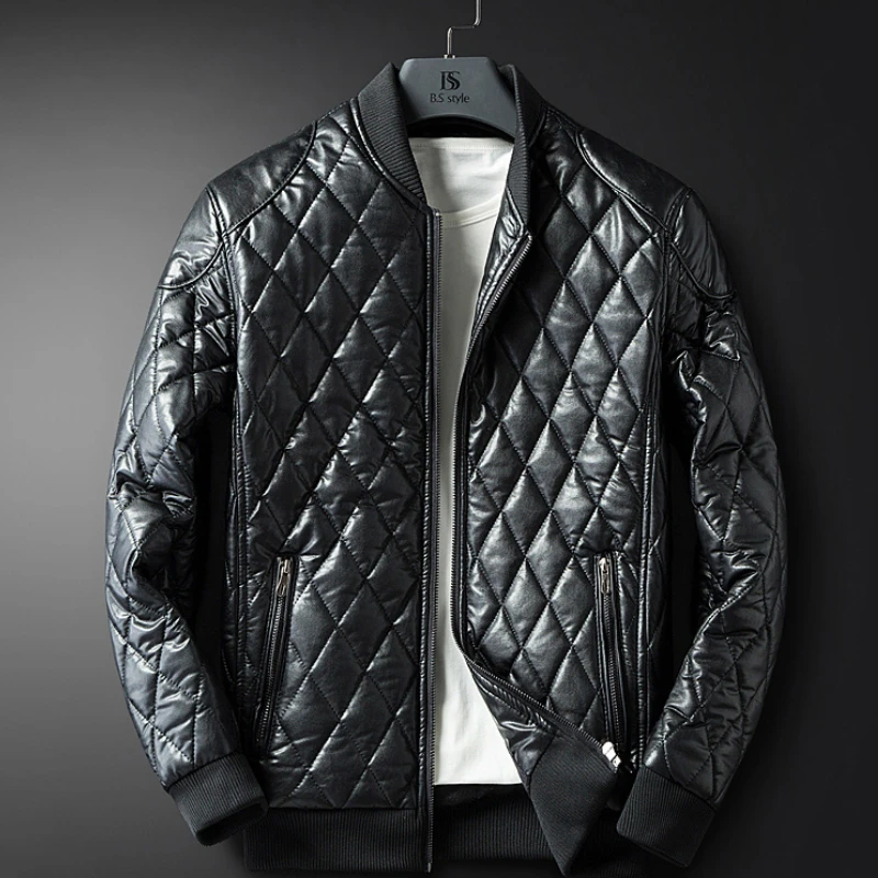 Argyle jaket для мужчин повседневное кожаная куртка Slim Fit Толстые кожаная бейсболка пальто дери ceket jaqueta de couro chaqueta hombre - Цвет: BLACK