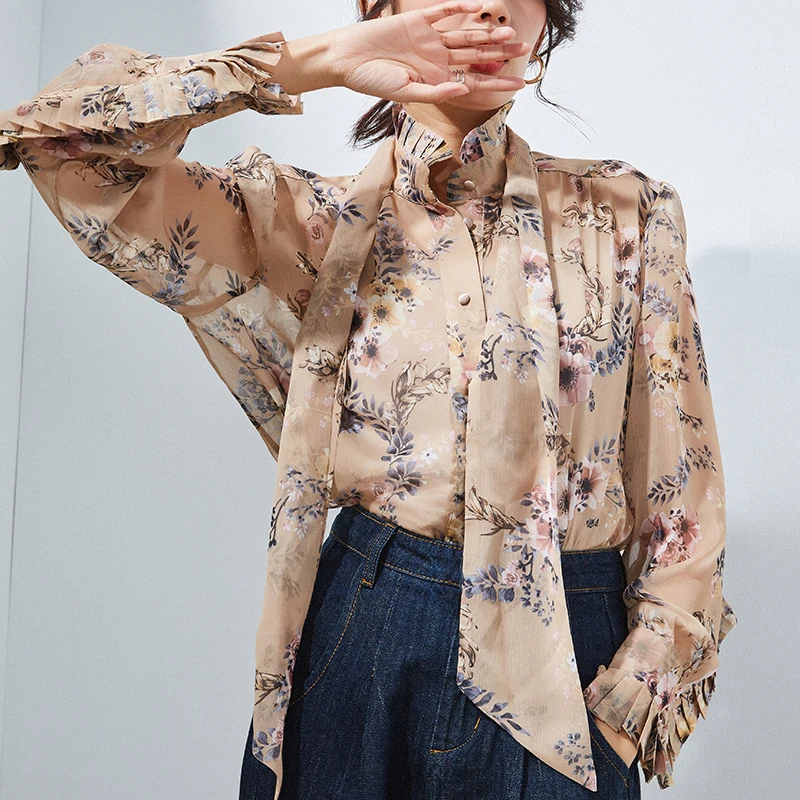 Women Floral Long Sleeve Chiffon Blouse Formal Female Stand Collar Top High Street OL Runway Summer Shirt |