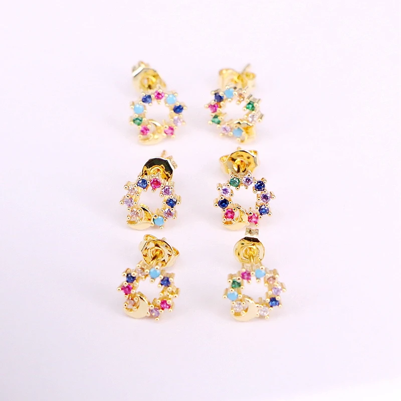 Женские серьги-пусеты круглой формы с радужным кристаллом 6 пар | Украшения и