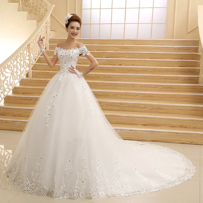 Vestido De Novia, новинка, свадебное платье принцессы, белое, кружевное, с бисером, кристалл, вырез лодочкой, Королевский поезд, дешевые платья размера плюс Xnxee - Цвет: Белый