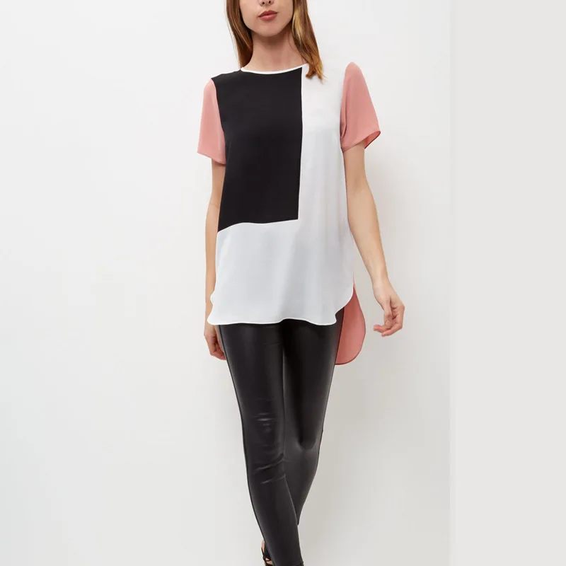 Женская футболка с коротким рукавом круглым вырезом свободного покроя в клетку