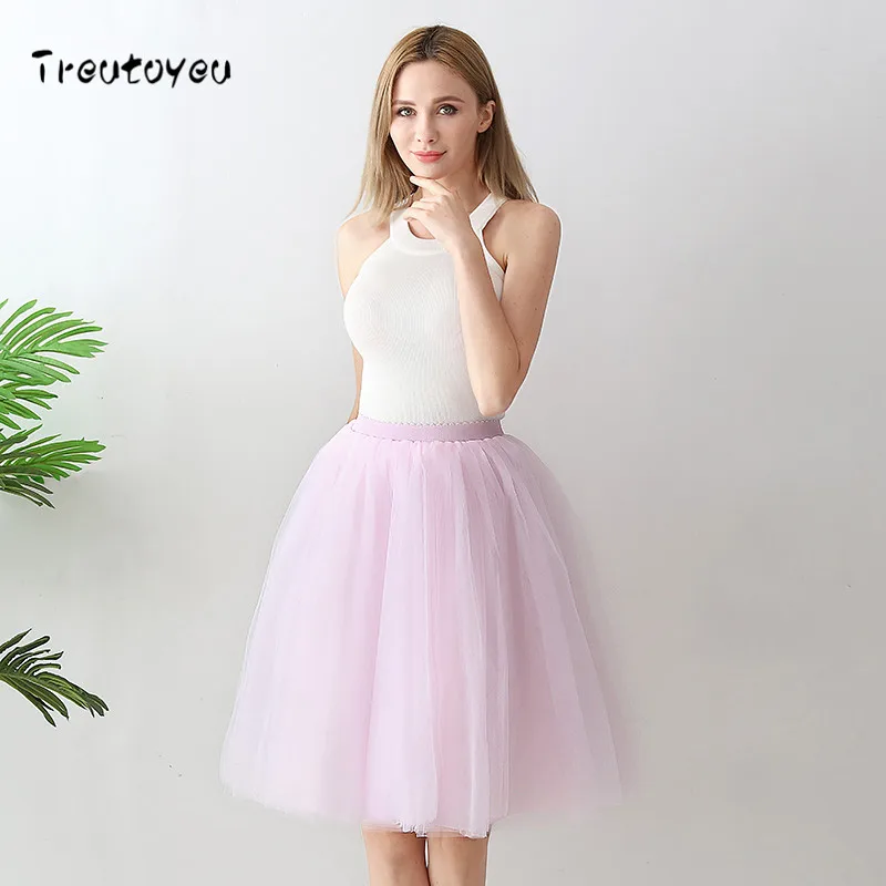 Baby Pink 6 слоев миди Тюлевая юбка высокая талия пачка цвета шампань юбки женские Лолита юбка эластичный пояс Лето faldas saia jupe - Цвет: Baby Pink
