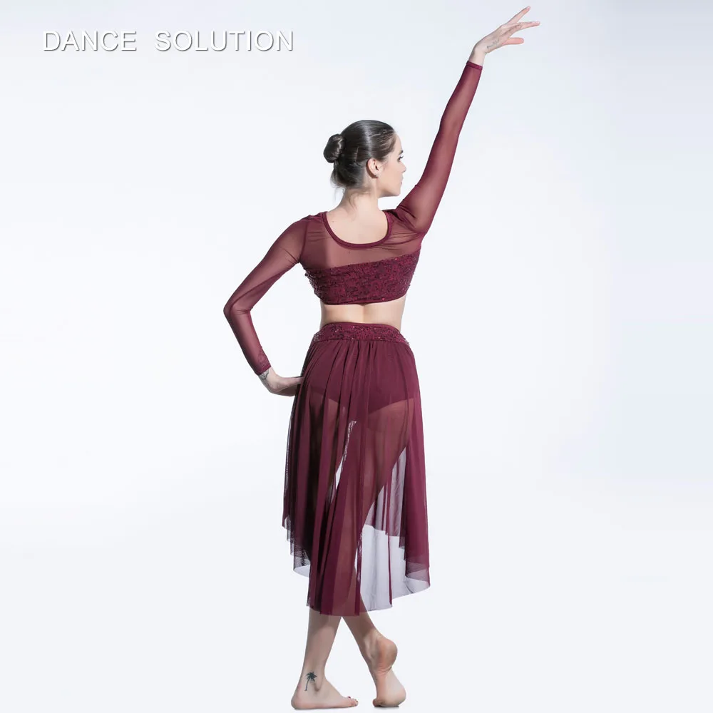 19600 Burgundy Sequin Crop Top with Shorts Attached Skirt Girl &amp Woman Contemporary Dance Dress Dancer Stage Performance Costume |