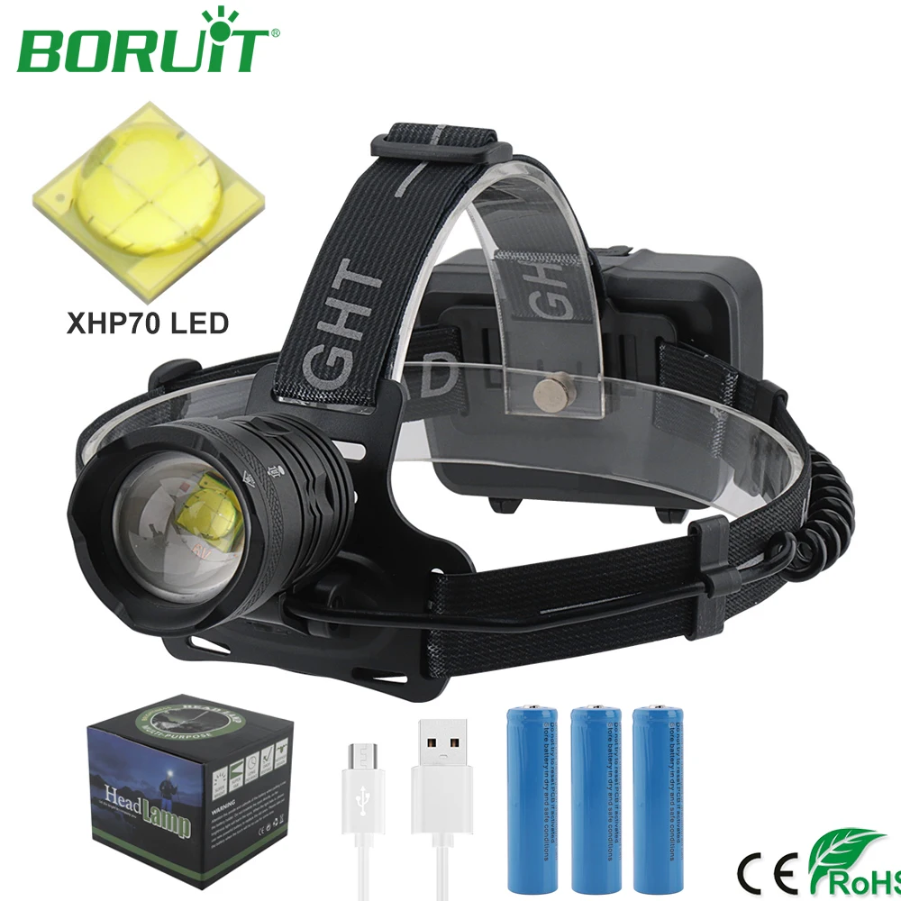 BORUiT супер яркий XHP70 светодиодный налобный фонарик масштабируемый фонарь USB