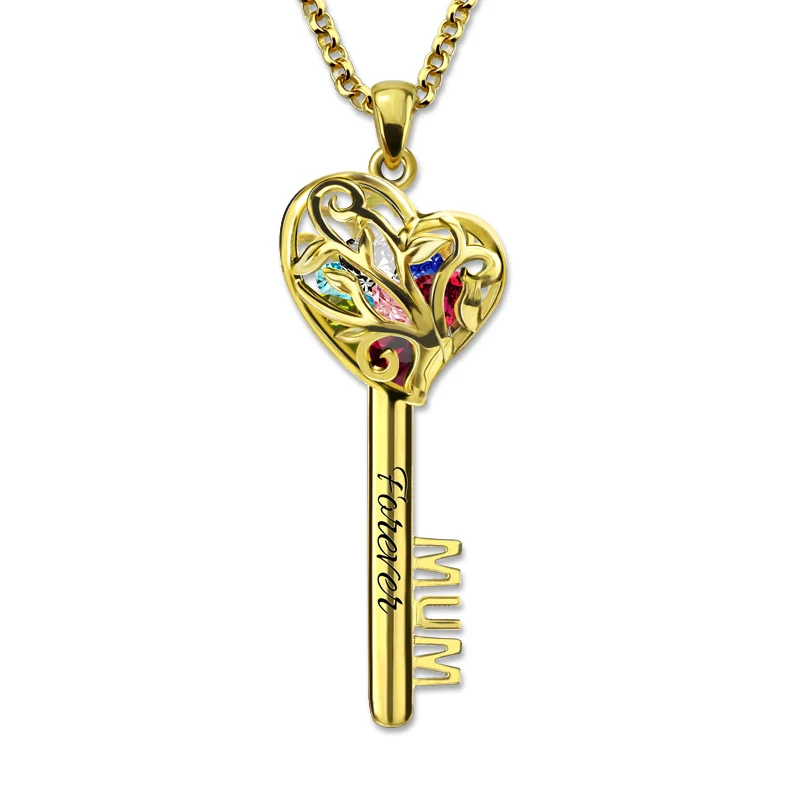 

AILIN Gold Color Birthstone Mum Heart Cage Key Pendant Necklace Custom Personalized Engraved Name Best Gift for Mother