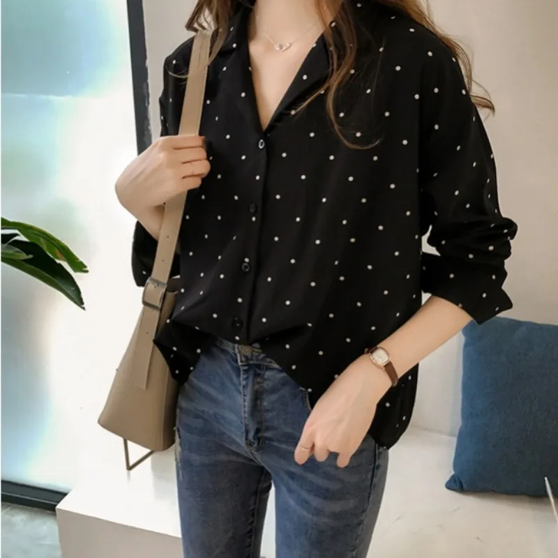 

Women Red Chiffon White Polka Dot Long Sleeve Shirts 2019 New Korean Fashion Notched Loose Casual Shirts Female Spring Clothes