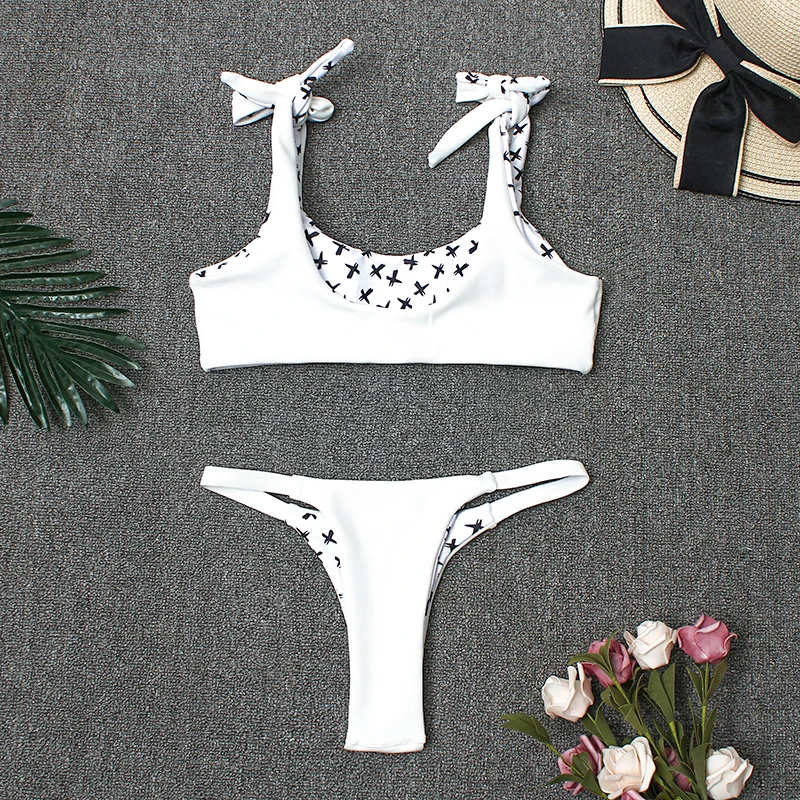 Сексуальный белый комплект бикини с принтом 2019 стринги купальник женский
