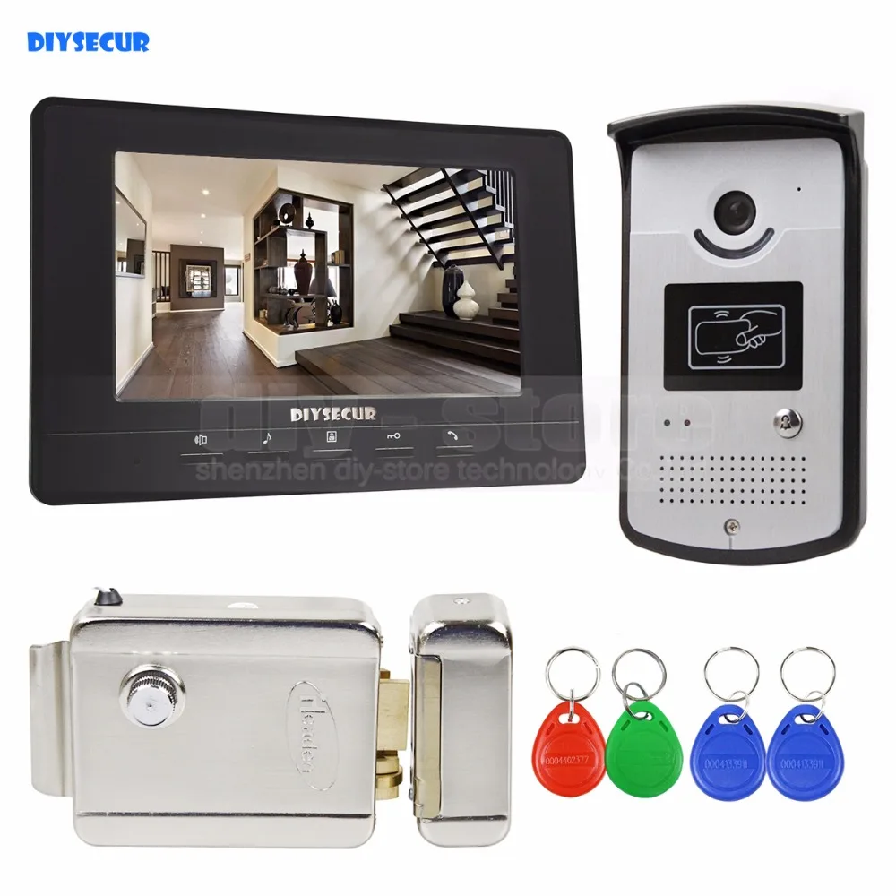 DIYSECUR 7 inch Bedraad Video Deurtelefoon Deurbel Home Security Intercom System RFID Camera + Elektrische Lock
