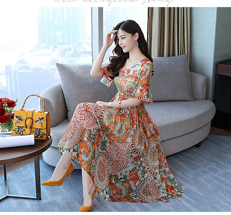 Женщины плюс юбка большого размера Элегантное цветочное шифоновое платье-миди Лето Пляжный Ветер Отдых женщин Урожай длинное платье женская Fit Богемное вечернее платье