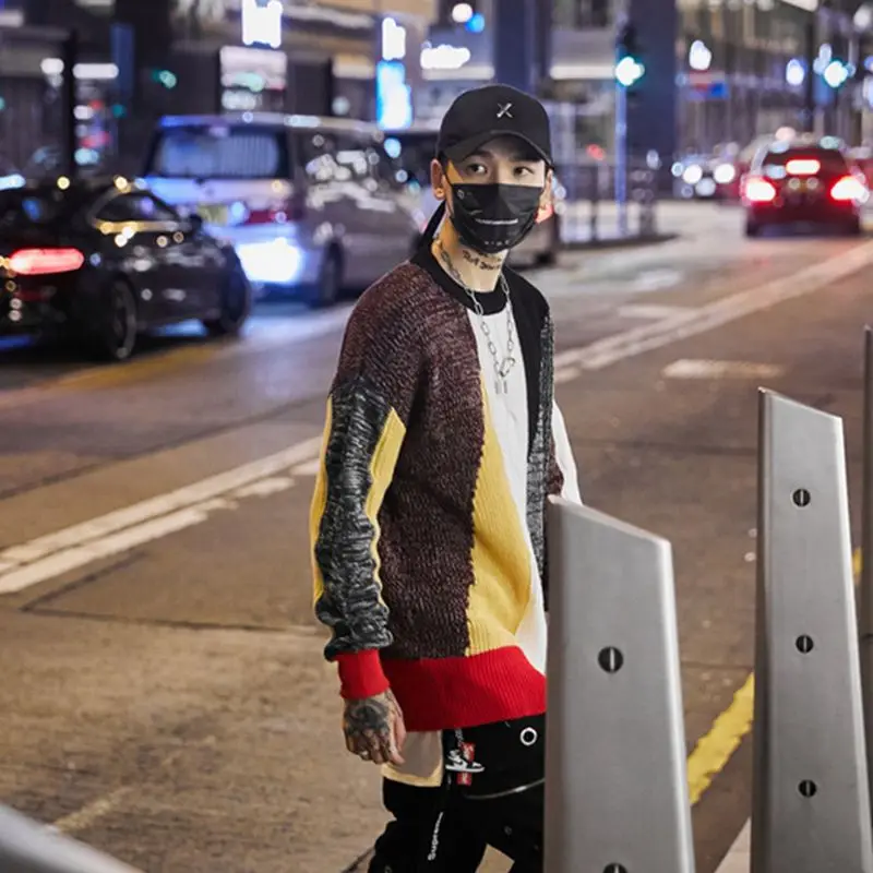 Мужской свитер и пуловер в стиле хип-хоп вязаный уличная одежда цветной блок