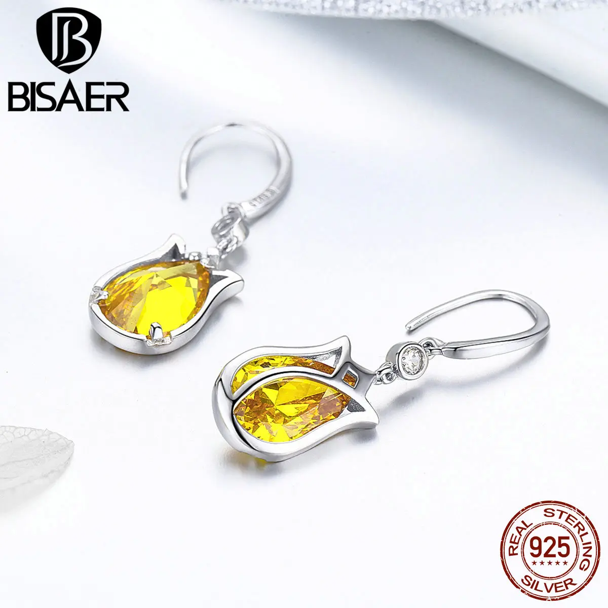 BISAER, новинка, 925 пробы, серебряные бутоны орхидеи, тюльпаны, цветы, висячие серьги для женщин, элегантные циркониевые серьги, ювелирное изделие EFE065