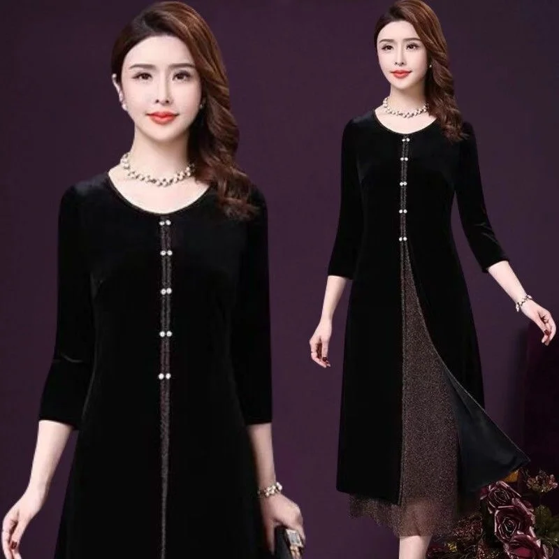 

Fall Spring Woman 3/4 Sleeve Black with Golden Patchwork Glitter Long Cheongsam Dress , Women Vintage Chi Pao Dresses