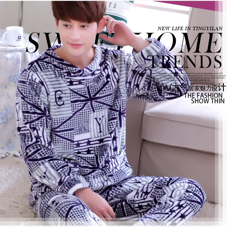 

Male Coral Fleece Pajama Men's Thick Flange Homewear O Neck Long Sleeves Sleepwear Leisure Velvet Nightwear Plus Size D-2082