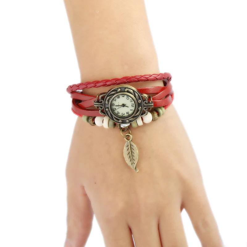 Винтаж сплав лист Круглый наручные часы Кулон Кожаный браслет мода подарок для
