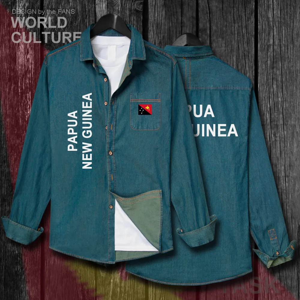 

Papua New Guinea Guinean Niugini Niu Gini PNG PG Men Flag Clothes Autumn Turn-down Collar Jeans Shirt Long Sleeve Cowboy Coat