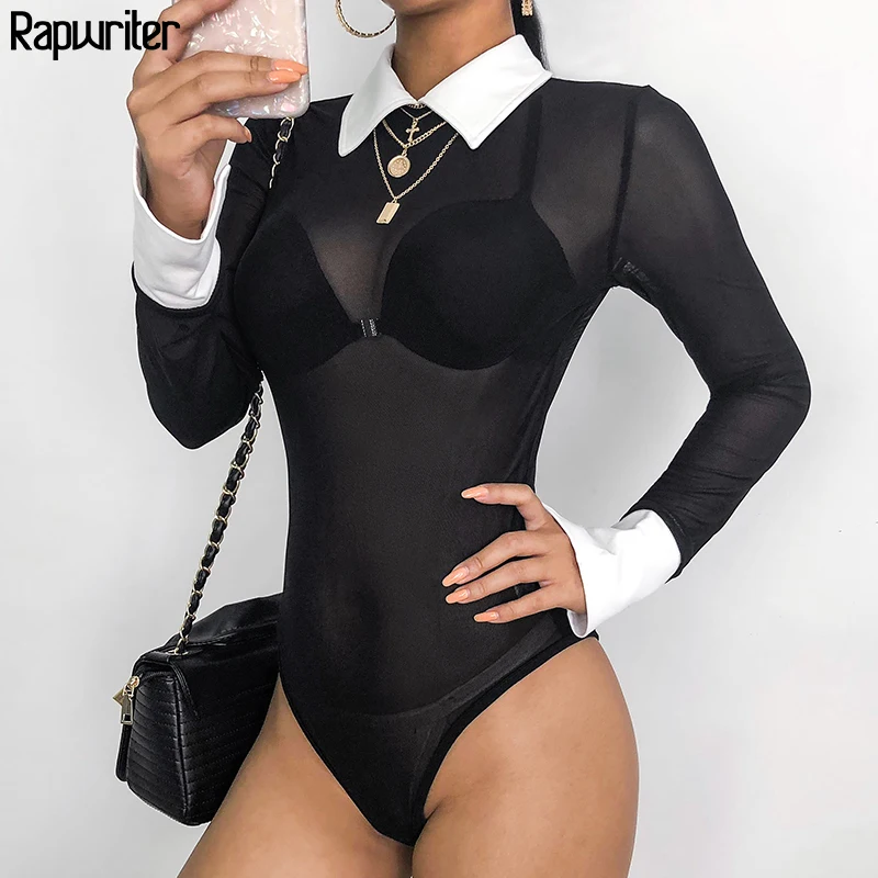 

Rapwriter Sexy Transparent Mesh Panelled Skinny Turn-down Collar Bodysuits Women 2020 Summer Long Sleeve Open Crotch Bodysuit