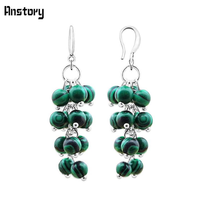 Malachite Кластера Малахит Длинные Висячие серьги для Для женщин личности Модные украшения Античная Посеребренная вечерние подарок TE253 - Окраска металла: Malachite