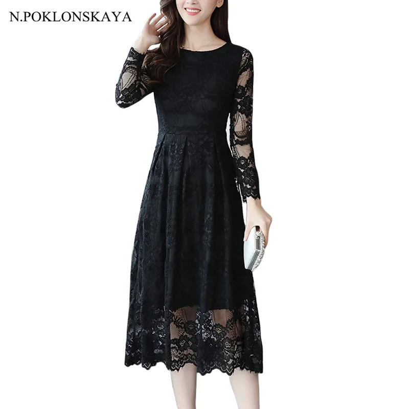 Женское кружевное платье миди с круглым вырезом и длинным рукавом|dress robe|lace dressmidi