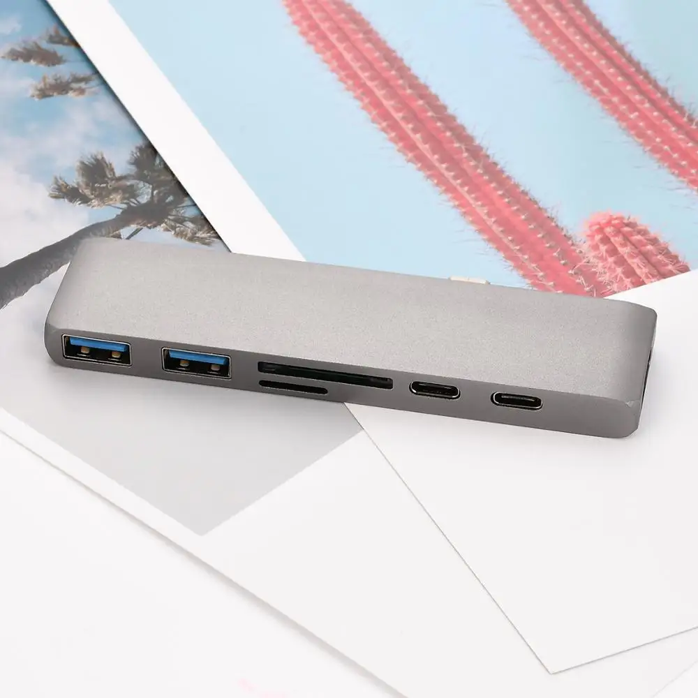 7-в-1 адаптер для чтения карт типа C с двумя USB-C-HDMI SD/TF Card Reader PD Зарядка 4K HD MacBook Pro USB 3 0