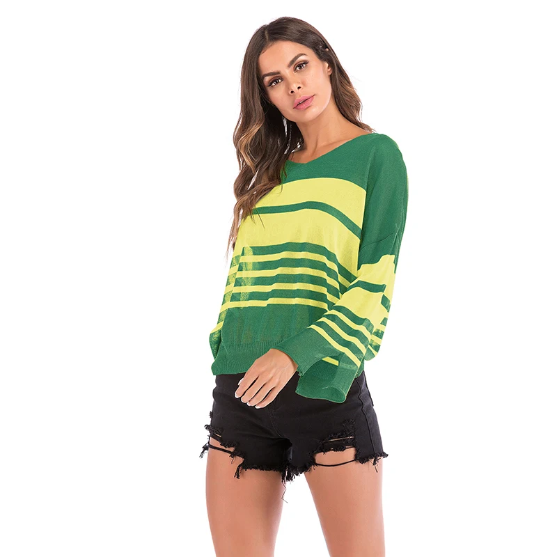 2018 Fashion Women Full Sleeve Tops Thin Hollow Out Striped Loose Female Knit Sweater V-Neck Fall Spring Causal Femme |