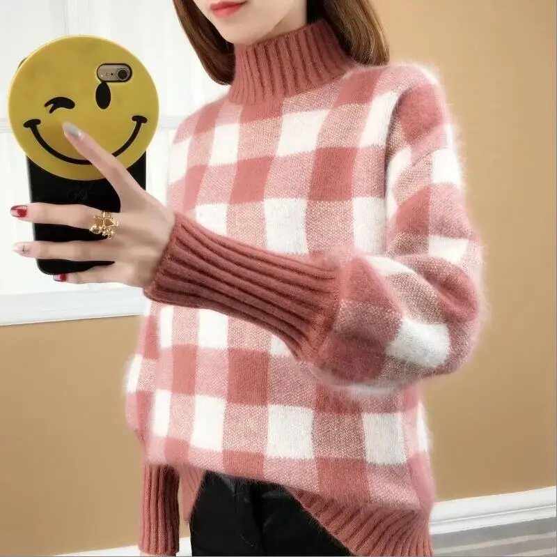 2020 Autumn Winter Women Plaid Knitted Sweater Long Sleeve High Neck Casual Pullover Jumper | Женская одежда