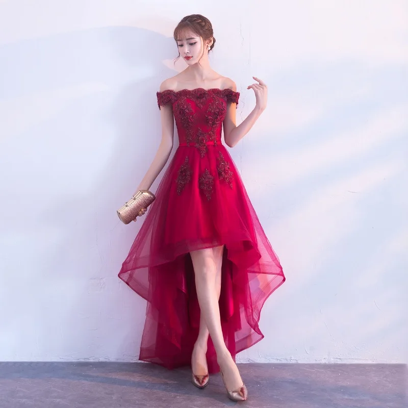 Wine Red Короткие спереди длинные сзади платья для выпускного вечера вырез лодочкой с открытыми плечами без рукавов Роскошные Аппликации тюль сексуальные платья для выпускного вечера - Цвет: Wine Red