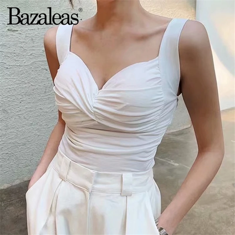 Базовая летняя рубашка Bazaleas с рюшами винтажная Женская облегающая футболка без