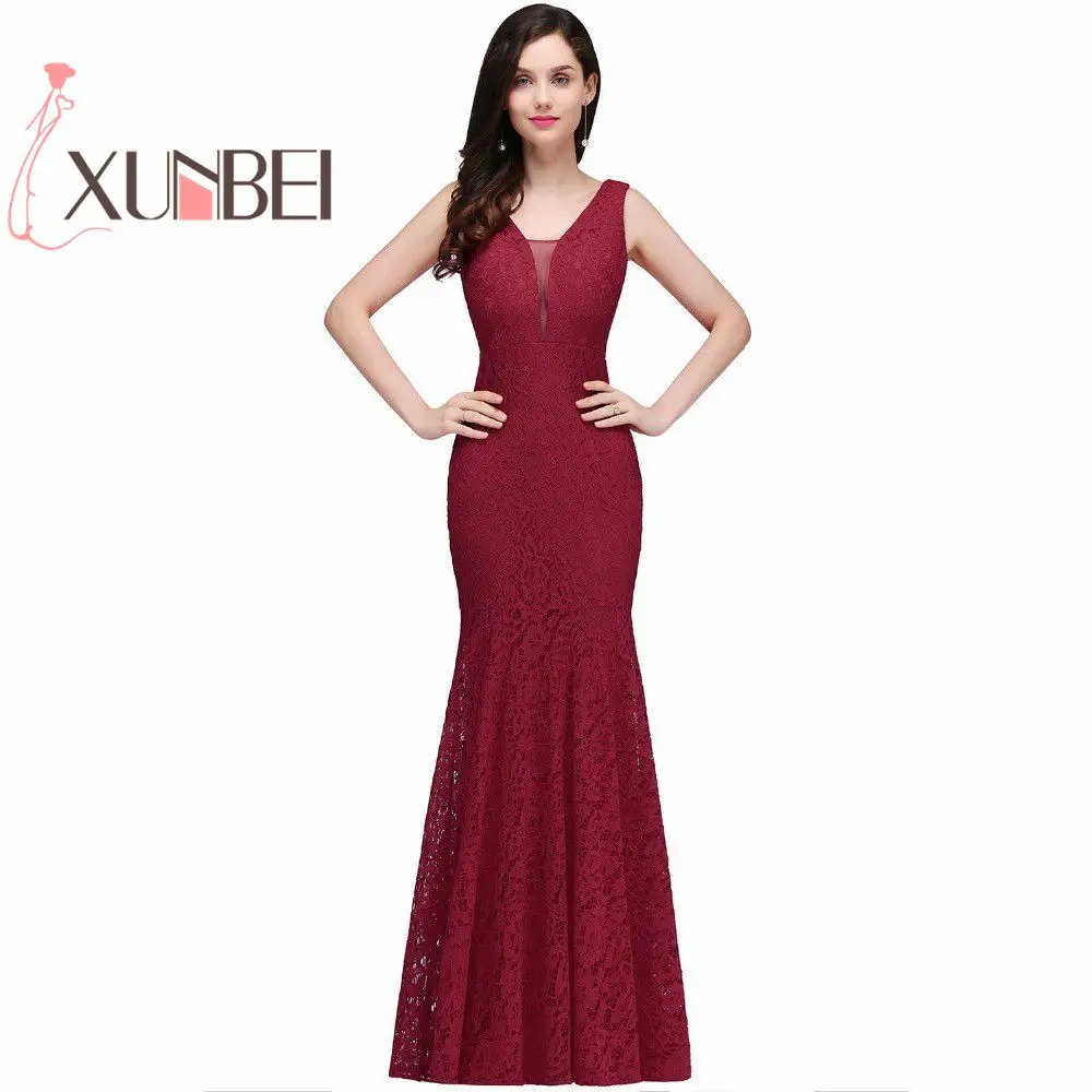Robe de fille d'honneur Дешевое бордовое кружевное платье русалки пикантные платья