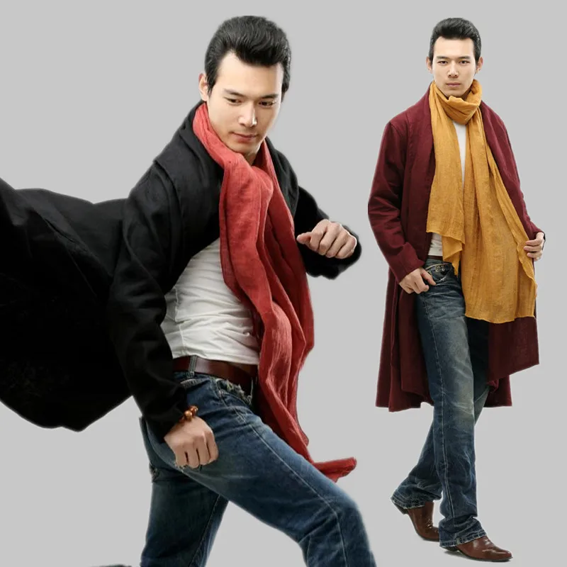 

Autumn pure linen China Style men's windbreaker loose cardigan Clothing folk style travel Trench Coat Black Red Navy Blue Outfit