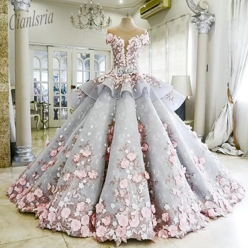 

Robe De Mariee Floral Appliques Lace Handmade Flowers Ball Gown Wedding Dress O-Neck Cap Sleeve Bridal Gown Vestido De Noiva