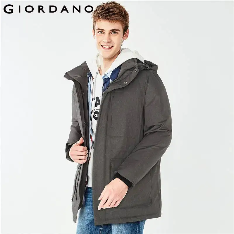 Giordano мужской зимний пуховик средней длины с капюшоном набивка из натурального