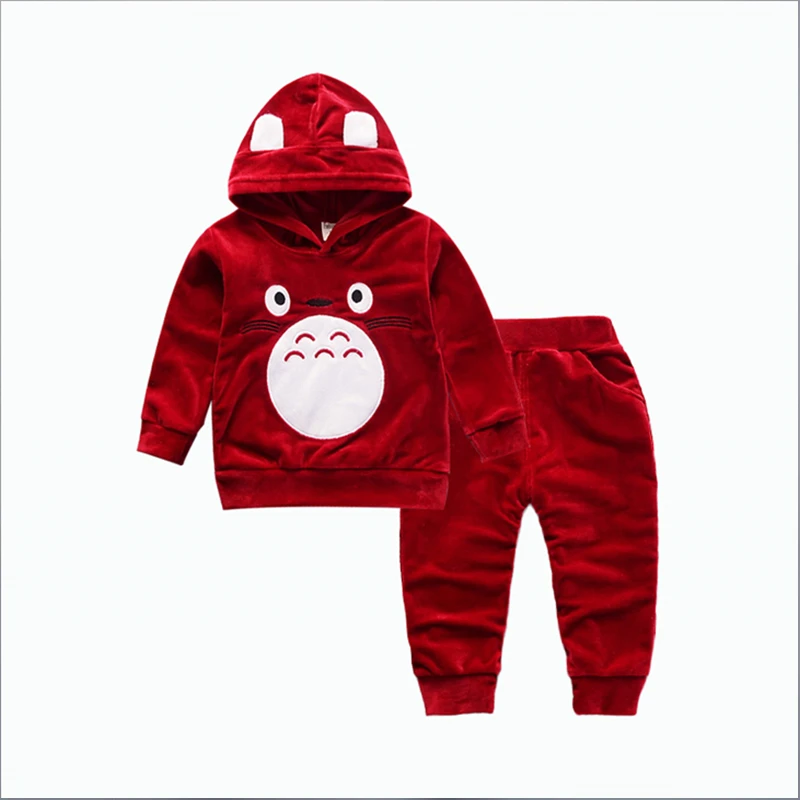 JG longmao red Модная одежда для мальчиков Детский комплект одежды для девочек с героями мультфильмов детская бархатная толстовка с капюшоном и штаны 2 шт./компл. Демисезонный детей ясельного возраста хлопковый комплект спортивной одежды - Цвет: JG longmao red