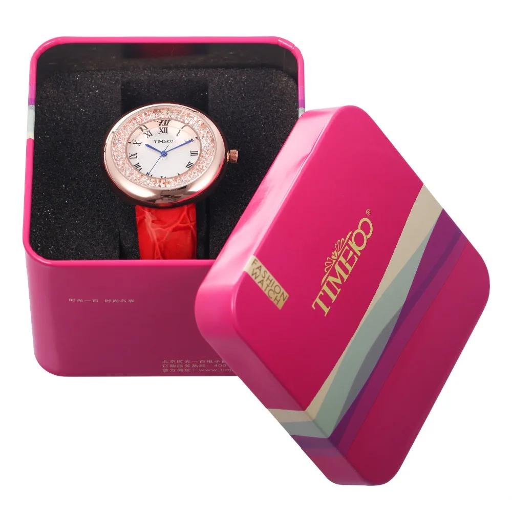 TIME100 Женские стрелочные часы трехочковый Алмазов Кварцевые Часы Красный Кожаный