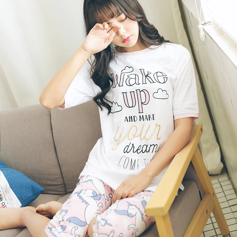 Повседневная Пижамы Женщин Kawaii Unicornio Костюм С Коротким Рукавом Pijama Устанавливает